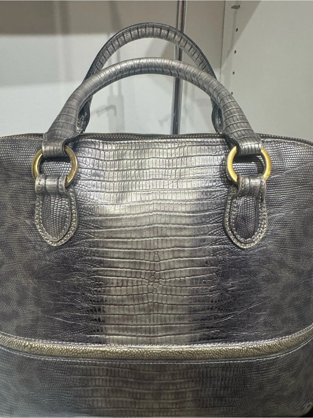 Brahmin Sydney Metallic Gray Embossed Leather Satchel with Gold Accents